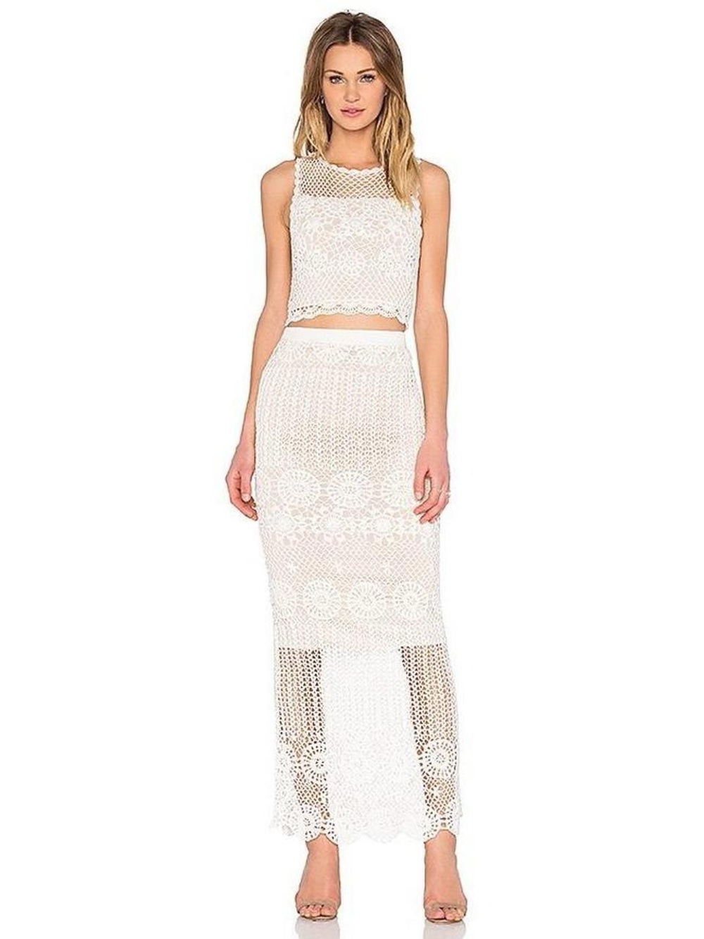 Alice + Olivia Crochet Two Piece Set Cream Nude Crop Top Small Maxi Skirt XS NWT